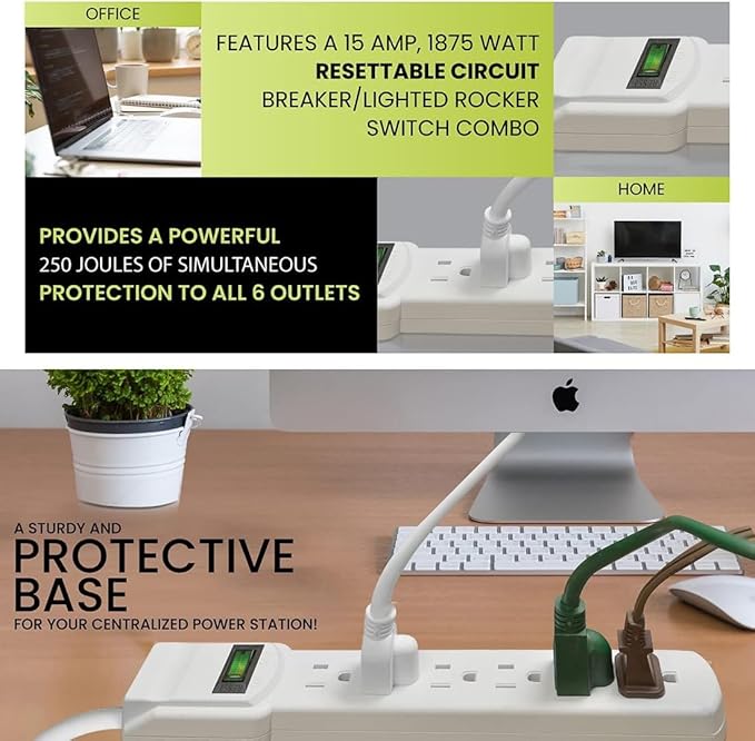 GoGreen Power Inc. (G-16103M-12-2) 6 Outlet Surge Protector, 12FT Cord, White, 2 Pack