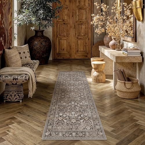 HUGEAR 2x6 Coffee Brown Vintage Floral Washable Runner Rug for Hallway by HUGEAR