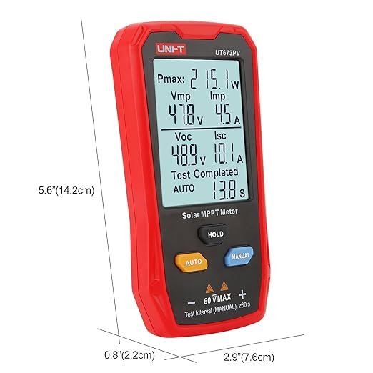 UNI-T UT673PV Solar Panel Tester, Solar MPPT Meter, 800W Photovoltaic Module Maximum Power Tester, Intelligent Manual/Auto MPPT Test, Large LCD and Multiple Result Displays