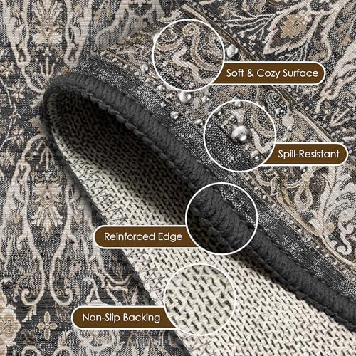 Washable Area Rug 8' x 10' Vintage Traditional Persian Mat - Foldable Distressed Non-Slip Machine Washable Carpet for Living Room Bedroom Kitchen Home Decor - Ebony and Taupe - Image 6