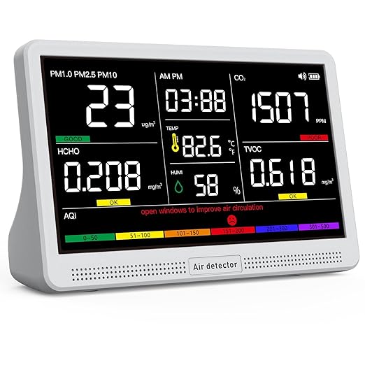 16 in 1 Air Quality Monitor Indoor 7" Display 9 AQI+7 AQI Alerts, CO2 Monitor Air Quality Tester for CO2, TVOC, PM2.5 PM1.0 PM10, HCHO Temperature Humidity AQI & Time Air Quality Meter for Home