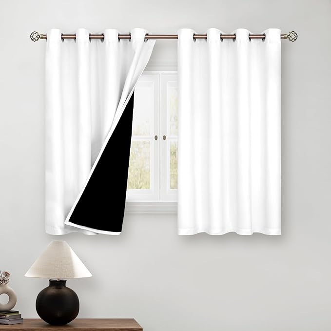 BGment Short 100% Blackout Curtains for Bedroom, Thermal Insulated Energy Efficiency Noise Reducing Grommet Curtains 54 Inch Length with Liner for Small Window 2 Panels Each 46 Inch Wide, Pure White
