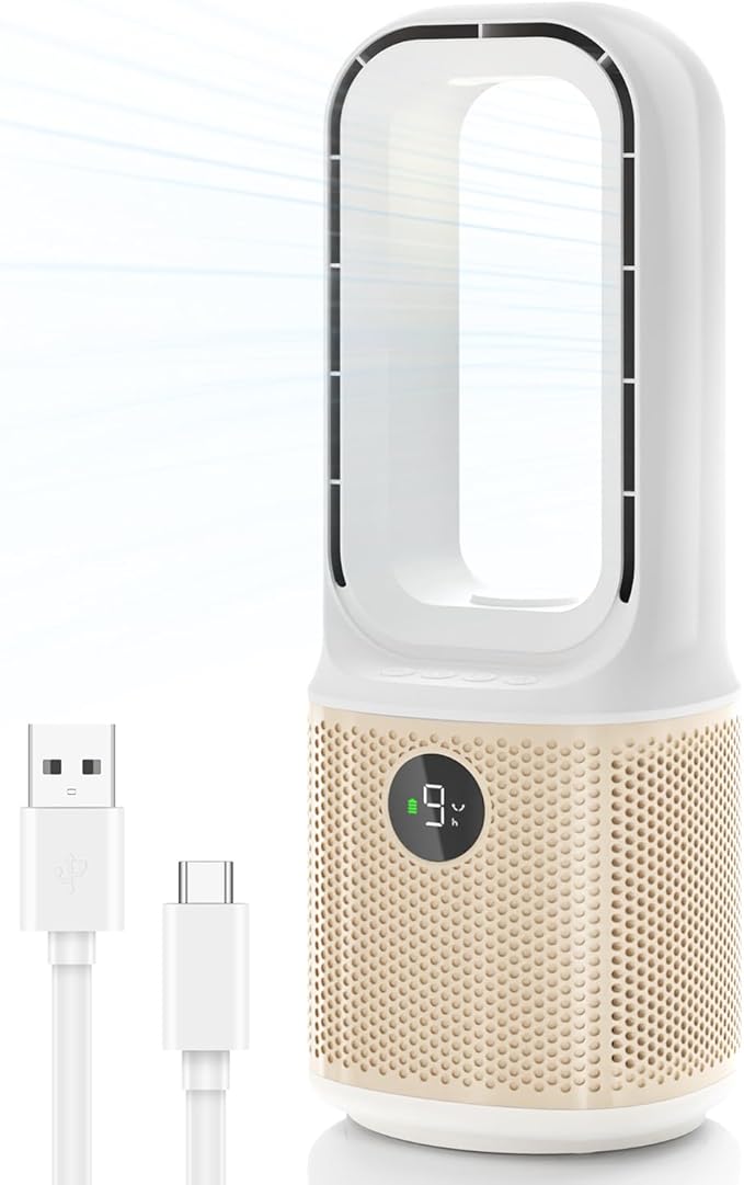 MEIIS Desk Fan, Small Quiet Bladeless Fan with 9 Speed Adjustment & 3 Light Modes, 14 Inch USB Rechargeable with 5000mAh Battery, 60° Oscillating Cooling Fans for Office, Living Room, Bedroom White