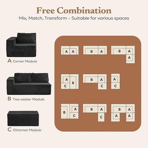 106" 3-Seater Sofa, Cloud Modular Sofa with Certified Foam, Upholstered Floor Sofa with Deep Seat, Upholstered Sofa for Bedroom Living Room, No Assembly Required (Plush Corduroy Fabric, Black)