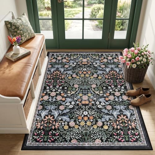 PLHXFR Area Rug Living Room: 3x5 Floral Washable Boho Carpet Dark Black by PLHXFRSoftAreaRugs