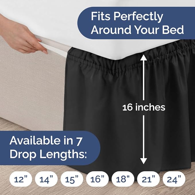 Wrap Around Dust Ruffle Bed Skirt - Black - for King Size Beds w/ 16 Inch Drop - Easy Fit Elastic Strap - Adjustable Pleated Bedskirt w/Brushed Fabric, Wrinkle & Fade Free Women, Men, Kids & Teens