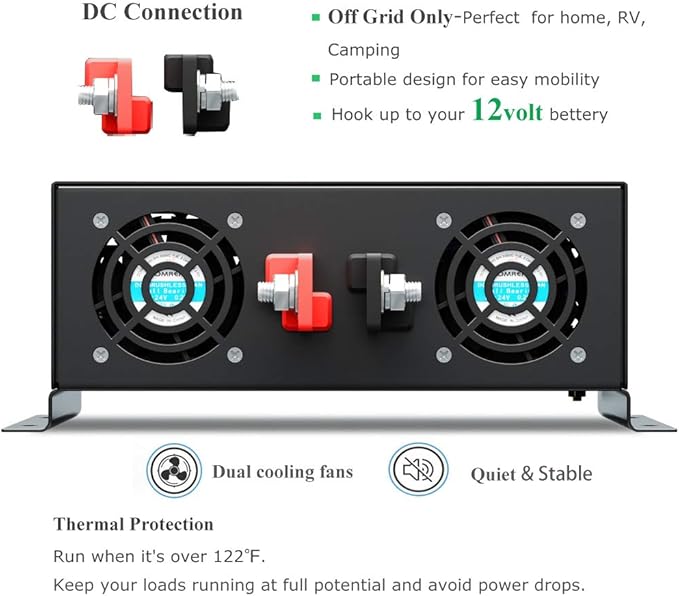 WZRELB 3500W 12VDC 120VAC Pure Sine Wave Power Inverter, 2 AC Outlets, Wired Remote Control, RV (RBP-350012WR)