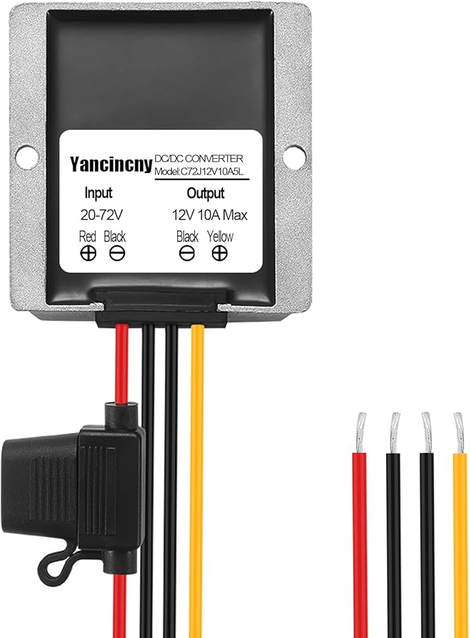 Yancincny 10A 120W 12V Golf Cart 24V 36V 48V 72V to 12V DC Converter Voltage Regulator Reducer Transformer with Fuse - Waterproof DC Step Down Converter 24V to 12-V(Input Range: 20-72V)