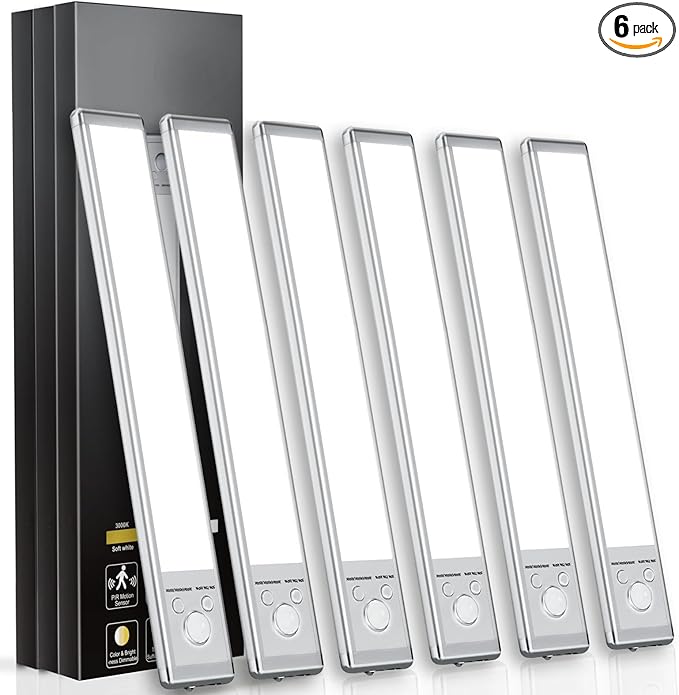 Under Cabinet Lights,76 LED Operated Motion Sensor Light Indoor,1500mAh USB Rechargeable Closet Lights, 6 Pack Magnetic Dimmable Closet Lights，Wireless Under Counter Lights for Kitchen, Stairs.