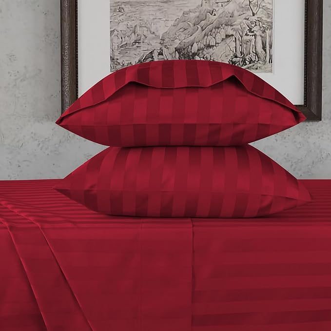 URBANHUT 800 Thread Count 100% Cotton Damask Full Size Sheets, 4 Piece Striped Full Size Bedsheets, Luxury Hotel Sheets Sateen Weave - Better Than Egyptian, 16" Elasticized Deep Pocket- Burgundy