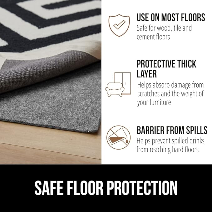 GORILLA GRIP Felt and Natural Rubber Stay in Place Slip Resistant Rug Pad, 1/4in Thick, 3x5 FT Protective Padding Under Area Rugs, Cushioned Gripper Pads, Carpet Runners, Hardwood Floors Protection