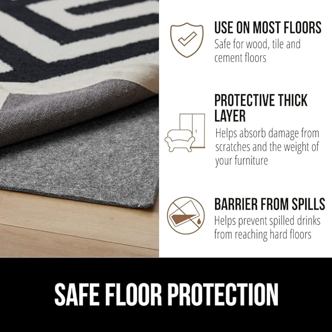 GORILLA GRIP Felt and Natural Rubber Stay in Place Slip Resistant Rug Pad, 1/8in Thick, 2x4 FT Protective Padding Under Area Rugs, Cushioned Gripper Pads, Carpet Runners, Hardwood Floors Protection