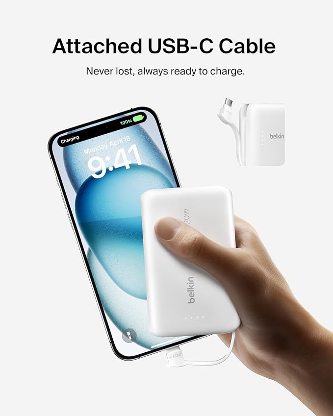Belkin Portable Charger, Power Bank with Integrated Cable 10000 mAh 20W - Fast Charge USB C Power Delivery - iPhone 17, Air, Pro, Pro Max, iPad, AirPods, Apple Watch, Galaxy S25, & More - White