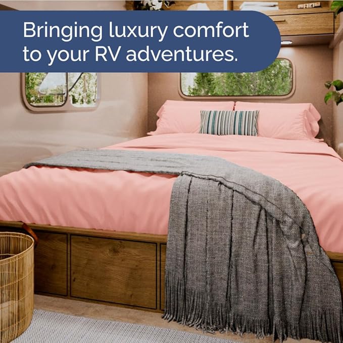 RV Short Queen Sheet Set 60 X 75 - 4 Piece RV Short Queen Bed Sheets - Soft, Breathable & Cooling - Designed for Bunks, Trailers & Campers - Fits 8” to 12" Mattress - Hotel Luxury Bedding - Baby Pink