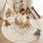 Round Area Rug Living Room: 8ft Washable Carpet Beige/Ivory - Image 3