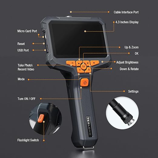 Dual Lens Endoscope Camera with Light, Teslong 4.3" HD Snake Borescope Inspection Camera, Automotive Scope Cam with Flexible Cable, Home Waterproof Fiber Optic for Sewer Drain Pipe (16.5FT)