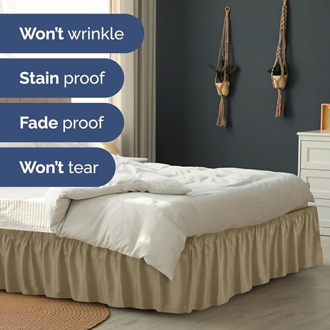 Wrap Around Dust Ruffle Bed Skirt - Khaki - for Queen Size Beds w/ 15 Inch Drop - Easy Fit Elastic Strap - Adjustable Pleated Bedskirt w/Brushed Fabric - Wrinkle Free - for Women, Men, Kids & Teens
