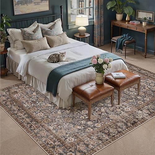 HUGEAR 8x10 Brown Blue Vintage Floral Washable Area Rug for Living Room - Image 3