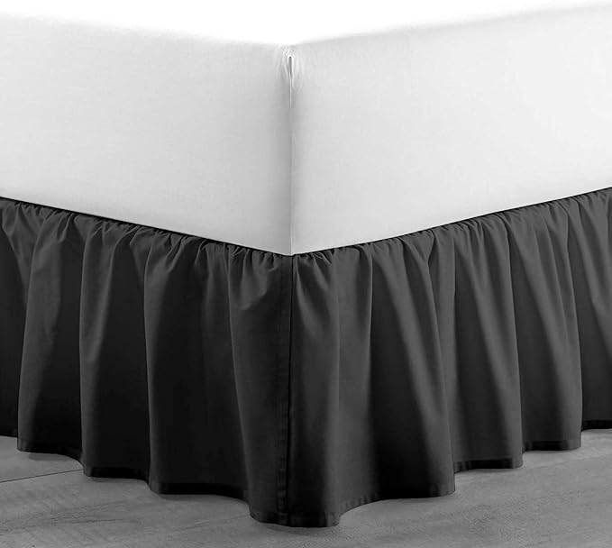 Dark Grey Solid Ruffled Bed Skirt Queen-XL-14 Inch Drop Split Corner, Microfiber Bedskirt with Platform Three Sided Coverage