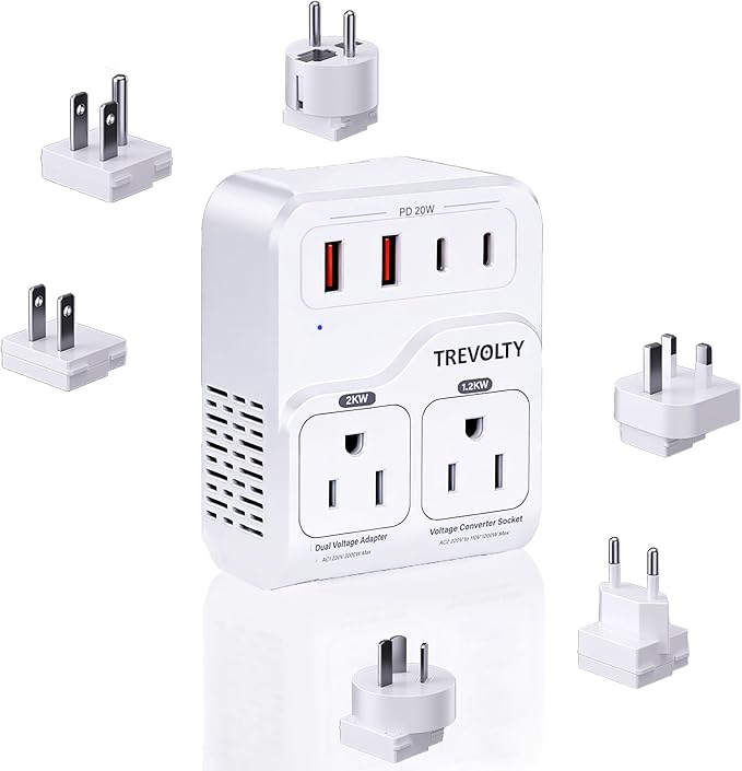TREVOLTY 2000W Voltage Converter US to Europe for Hair Dryers, 7-in-1 220V to 110V Converter for European Travel with 3 AC/2 USBA/2 USBC Ports (PD20W), Universal Travel Adapter (White)