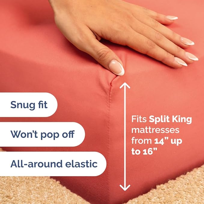 Split Head King Sheet Set – 4 Piece Flex Split Top King Sheets for Adjustable Beds - Fits 14” to 16" Mattress w/ Deep Pockets - Ultra-Soft, Breathable & Cooling - Luxury Bedding & Wrinkle Free - Coral
