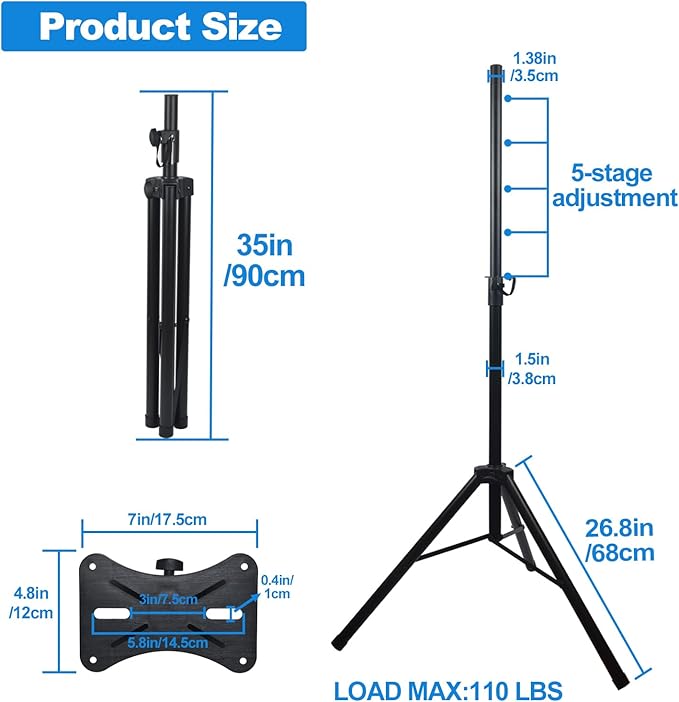 Howonder Speakers Stands,PA Speaker Stand,Speaker Tripod Stand,Adjustable Height from 40 to 66 Inches,Hold up to 110lbs,HD-100 (1 Packs,Black)