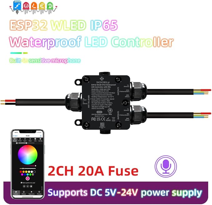 Skikibily ESP32 WLED LED Controller with Mic for Music Sync, APP/Web Control, IP65 Waterproof, 5V/12V/24V WS2812B SK6812 WS2811 RGBIC Addressable LED Strip Lights, 20A Output Fuse Protection