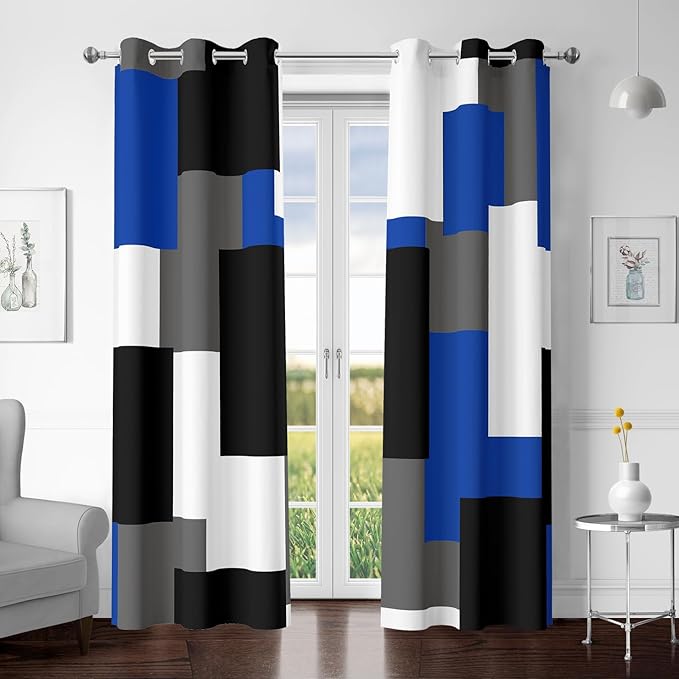Blue Gray 100% Blackout Curtains for Bedroom 63 inch Length 2 Panels Set White Grey Modern Abstract Geometric Black Out Curtains Insulated Room Darkening Window Drapes for Living Room, 42Wx63L