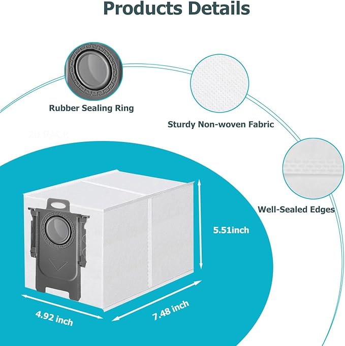 20 Pack Dust Bag Replacement for Roborock QV 35A/Qrevo S5V/Saros 10/ 10R/Q Revo/Qrevo S/Qrevo Pro/Qrevo MaxV/Qrevo Master/Qrevo Plus/S8 Max Ultra/S8 MaxV Ultra/Qrevo Slim Vacuum Cleaner, 3L Capacity