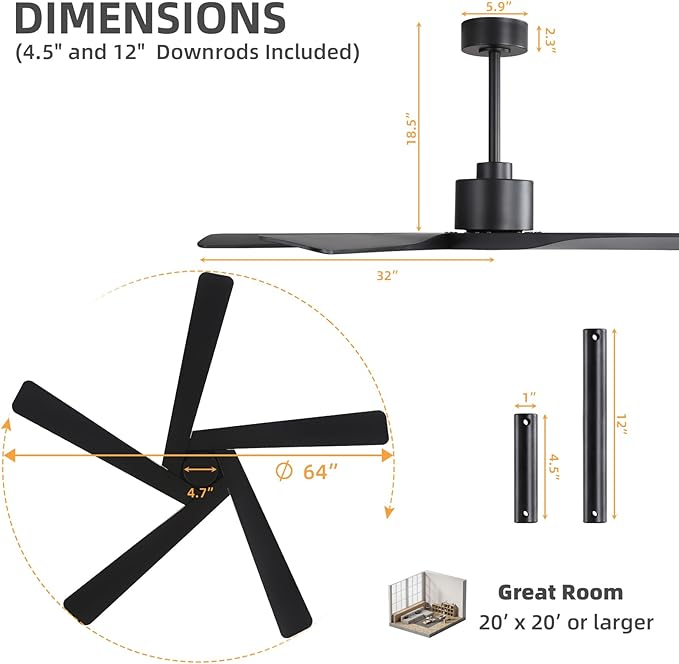 WINGBO 64" ABS DC Ceiling Fan No Light, 5 Blade ABS Plastic Ceiling Fan with Remote, 6-Speed Reversible DC Motor, Ceiling Fans without Light for Kitchen Bedroom Living Room, Matte Black