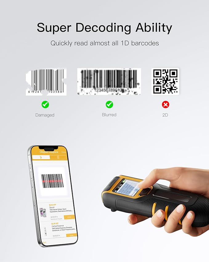 Inateck Barcode Scanner Wireless,Portable Bluetooth Barcode Scanner with Screen,1D Code Scanner Kabellos 2.4GHz,Handscanner with APP and SDK, BCST-49
