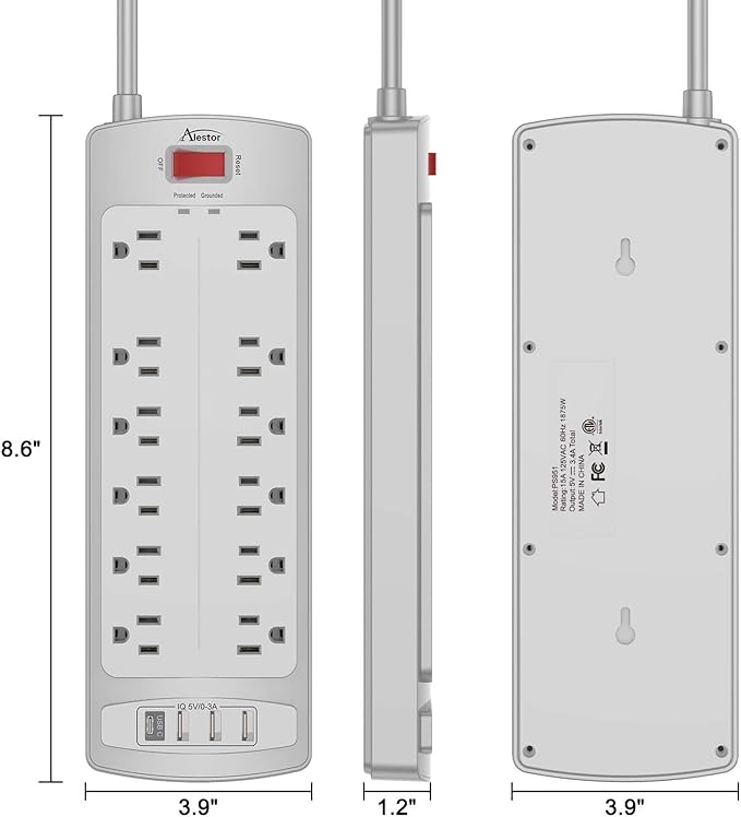 Power Strip, ALESTOR Surge Protector with 12 Outlets and 4 USB Ports, 10 Feet Extension Cord (1875W/15A), 2700 Joules, ETL Listed, Grey