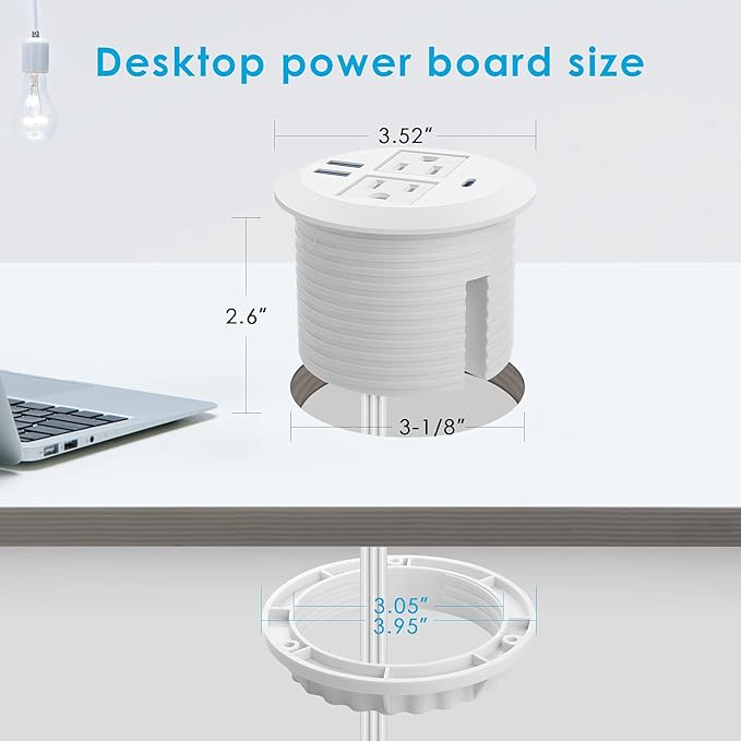 Jgstkcity 2-in-1 Desktop Power Grommet with USB-C Output, 125V, 12A, 2 AC Outlets, 3 USB Charging Ports, White