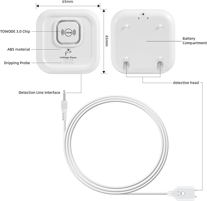 100dB Smart Water Sensor Alarm Water Leak Detector, with App Remote Monitor and Detection Lines, Wireless Tank Level Monitor for Basement,Kitchen,Bathroom (1pack)
