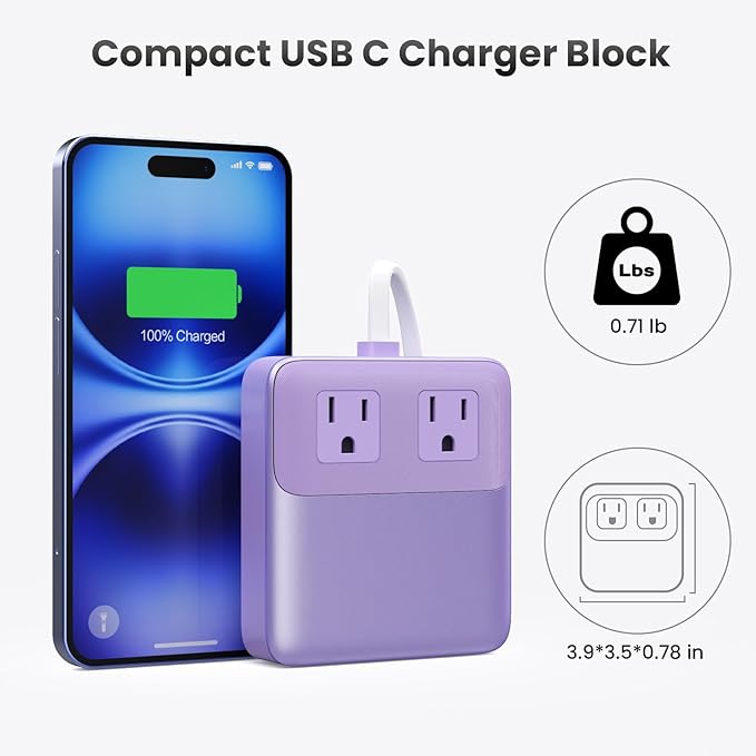USB C Charger Block,135W GaN Fast Charging Station Hub,6-in-1 USB C Power Strip with 5ft Cord,2 AC & 2 USB A & C,PD 65W Laptop Charger for MacBook Air/Pro,iPhone16 (Purple)