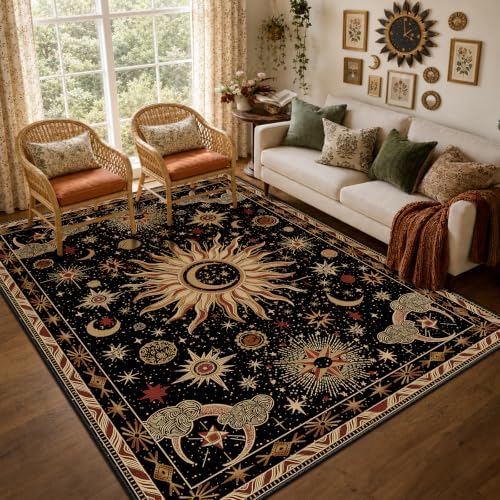 Vacuum-Friendly, 6x9 Washable Area Rug, Black Gold Beige Red by meejou