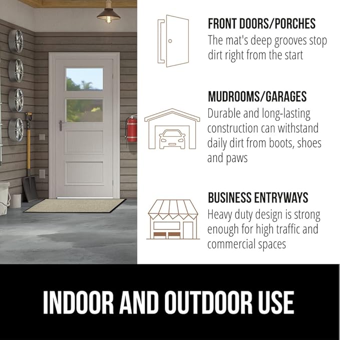 GORILLA GRIP Waterproof Traffic Guard Door Mat, 35x23, Heavy Duty Entryway Mats, Strong Rubber Back Commercial Utility Rugs for Office Hallway, Garage Floor and Home, Low Profile Carpet Runner, Beige
