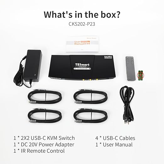 TESmart USB-C KVM Switch 2 Monitors 2 Laptops 4K@60Hz, USB 3.0 KVM Switch Dual Monitor MST, EDID Emulation, 60W PD, 1G Ethernet, 2K@144Hz, 1080P@240Hz, Hotkey Switch, with All Input Cables