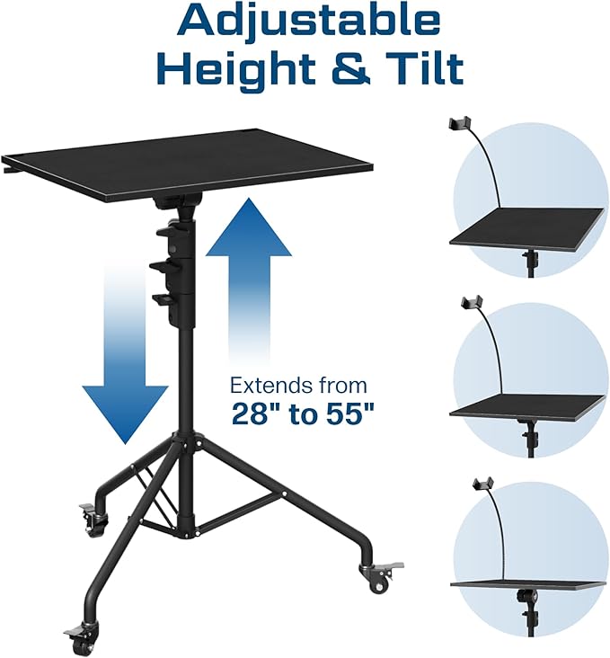 DYNAMO TECH Projector Stand Tripod Laptop Tripod with Wheels & Adjustable Height Portable Podium Stand with Phone Holder Projector Holder for Home, Office, School & DJ Matte Black
