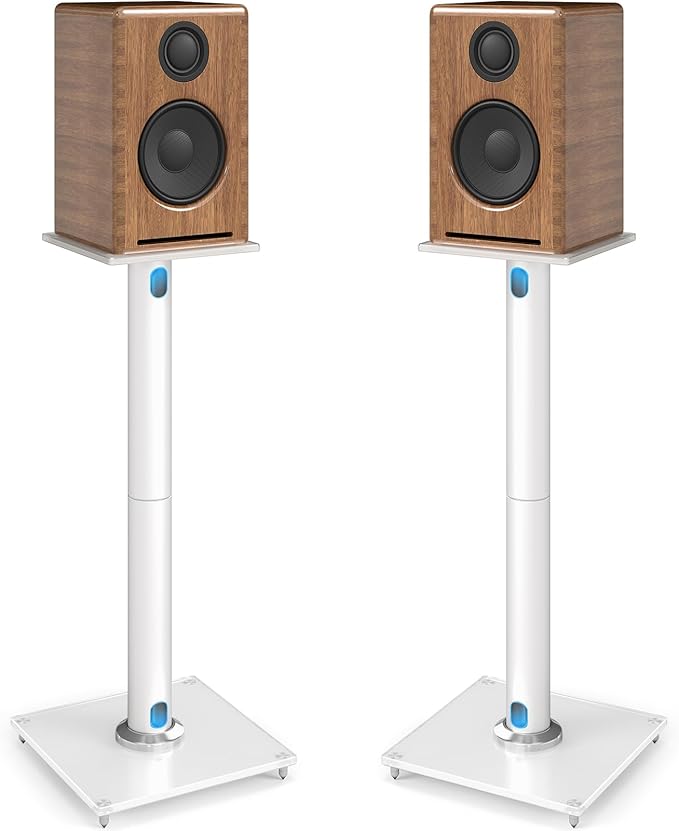 YOMT Universal Speaker Stands Pair for Surround Sound, 28 Inch Floor Speaker Stands with Cable Management Holds 22lbs Bookshelf Speaker Satellite Speaker, 1 Pair, White