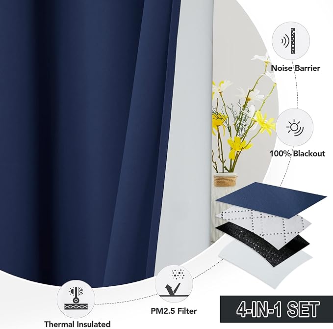 RYB HOME PM 2.5 Filter Curtains for Living Room/Bedroom, Soundproof Blackout Large Window Curtains for Dust Sandstorms Smog Pollen Odor Filtering, Navy Blue, W42 x L84 inch, 2 Panels
