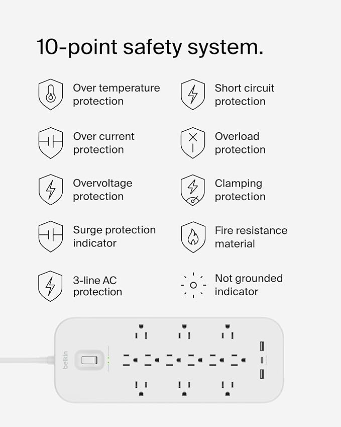 Belkin 12-Outlet Surge Protector Power Strip w/ 12 AC Outlets, 2 USB-A Ports and 1 USB-C Port, 6ft Cable, UL-listed w/ Overload & Overvoltage Protection + On/Off Switch - 3,480 Joules of Protection