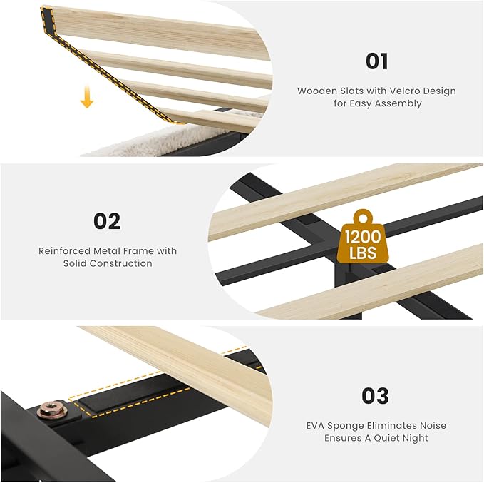 VIAGDO King Bed Frame with Storage Headboard and Charging Station, Boucle Upholstered Bed Frame King Size with 4 Drawers and LED Lights, Type C and USB, No Box Spring Needed, Cream White