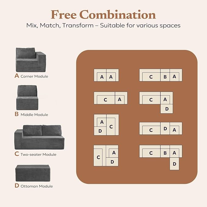 136" Modular Sectional Sofa with L-Shape Chaise, Right/Left Facing Deep Seat Cloud Couch, No Assembly Required, Upholstered Couch for Living Room Bedroom (Deep Grey, Plush Corduroy Fabric)