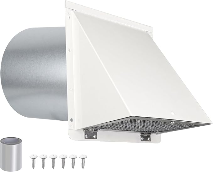 8 Inch Hooded Wall Vent with Screen and Damper,Outdoor Wall Exhaust Vent Cover Cap for Kitchen Range Hood Dryer Duct Ventilation &Exterior Air Exhaust Applications,Galvanized Steel,White