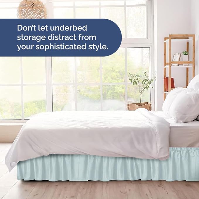 Wrap Around Dust Ruffle Bed Skirt - Ice Blue - for Full Size Beds w/ 12 Inch Drop - Easy Fit Elastic Strap - Adjustable Pleated Bedskirt w/Brushed Fabric - Wrinkle Free - for Women, Men, Kids & Teens