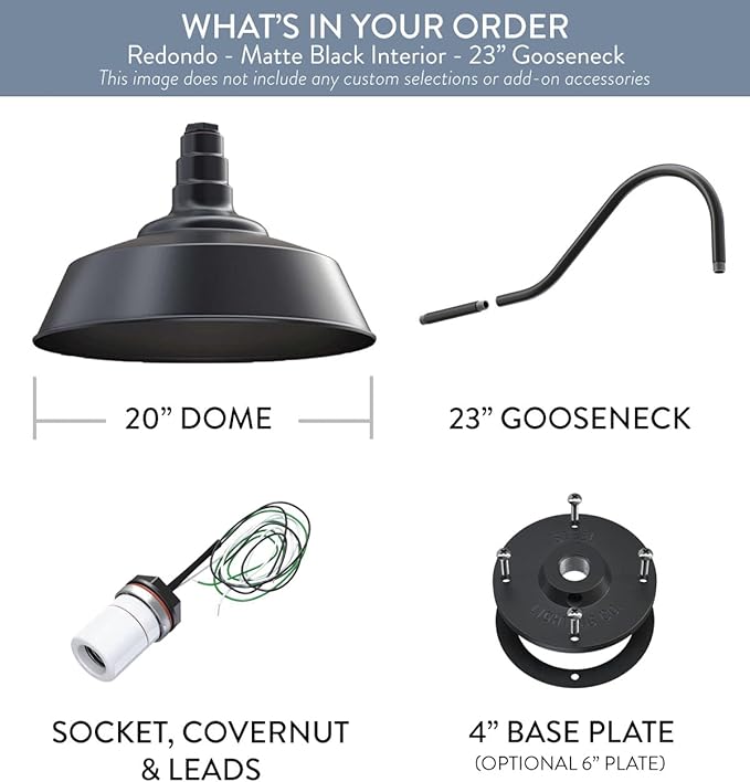 Steel Lighting Co. Large Outdoor Barn Light | Gooseneck Light Fixture | Made in America from 18-Gauge Steel | 20" Dome | 23" Gooseneck Matte Black Exterior/Matte Black Interior
