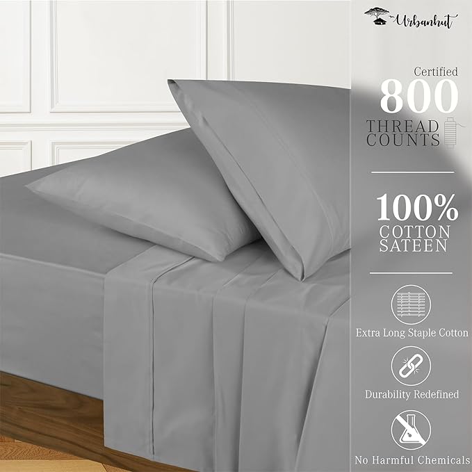 URBANHUT 800 Thread Count 100% Cotton Full Size Sheets, Luxury 4 Piece Full Bedsheets, Hotel Sheets Sateen Finish - Better Than Egyptian, 16" Elasticized Deep Pocket - Dark Grey