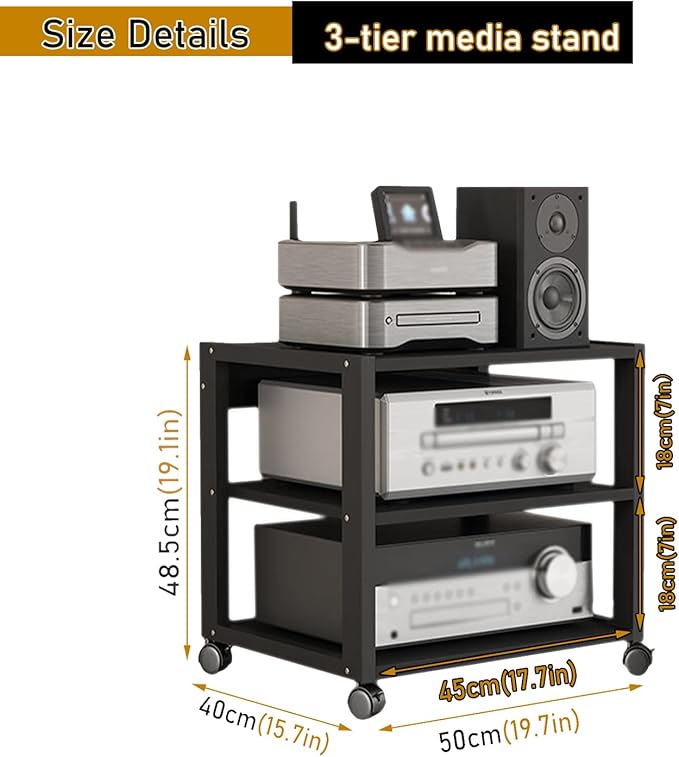 Dernoing 3 Tier Audio Rack Tower, CD Record Player Stereo Receiver AV Equipment Cabinet Display Rack, Weight Capacity 661 lbs, with Adjustable Wooden Shelves for Home (3 Tier Black)