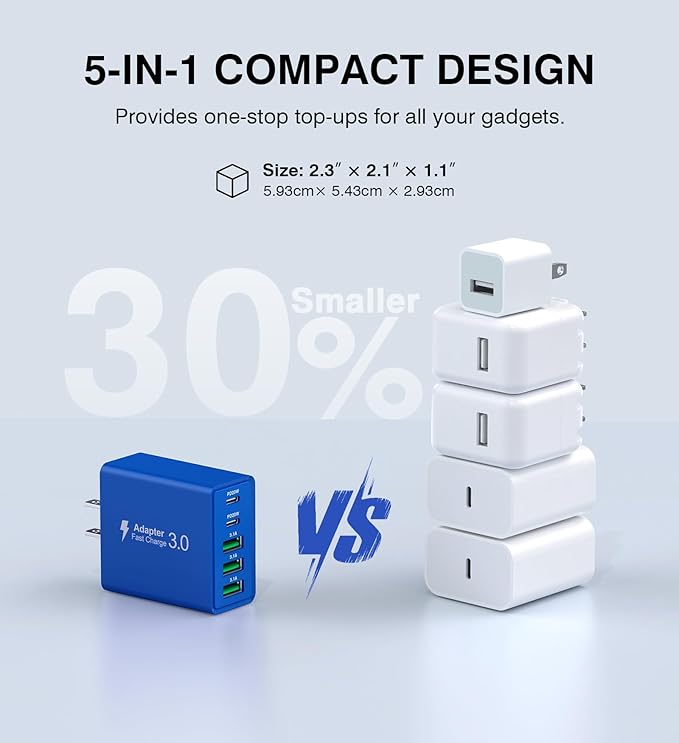 USB C Wall Charger, 60W USB C Charger Block 2-Pack 5-Port PD Fast Charging Blocks,Multiport 2USB C+3USB A Plug,Type C Power Adapter Brick Cube for iPhone 17/16/15/14/13,Samsung,for Switch（Dark Blue）